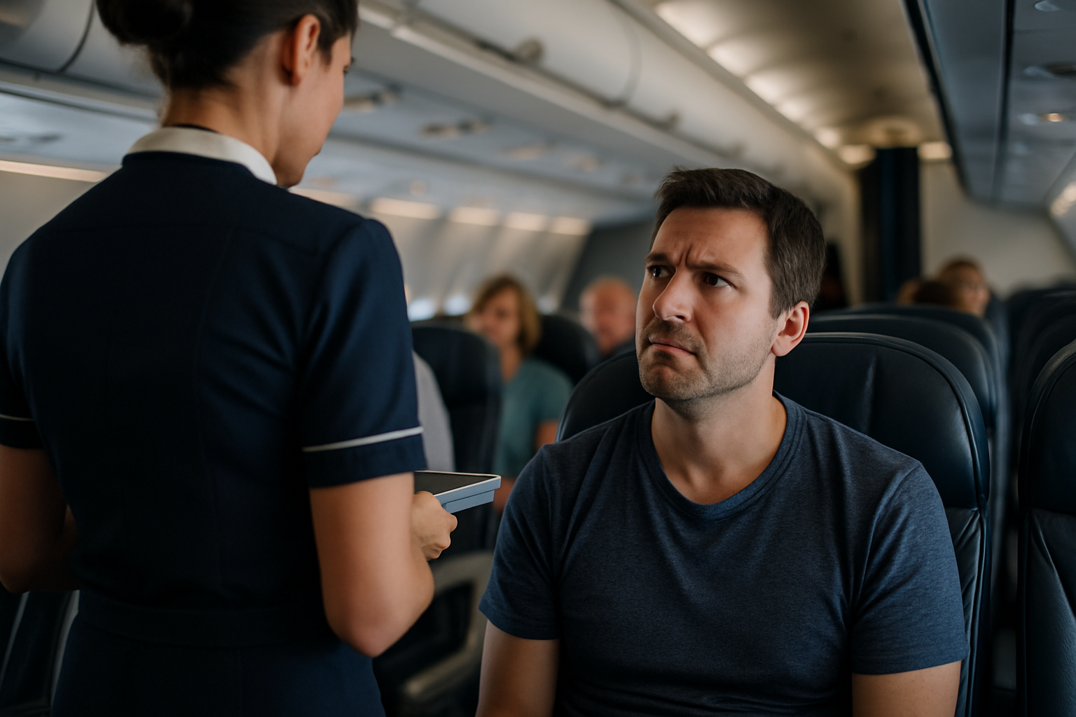 Una azafata de espaldas atendiendo a pasajeros. Un pasajero con gesto incómodo la observa.