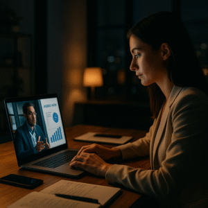 Fotografía profesional representando la modalidad híbrida en formación corporativa: una mujer ejecutiva participa en videoconferencia desde una sala de reuniones moderna, con iluminación cálida y vista urbana nocturna de ciudad latinoamericana. La escena refleja interacción presencial y virtual en un entorno profesional auténtico, evocando colaboración, tecnología y conectividad global.