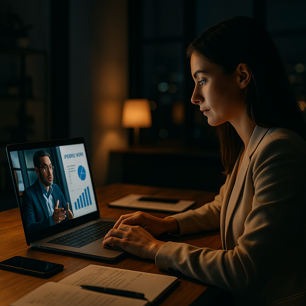 Fotografía profesional representando la modalidad híbrida en formación corporativa: una mujer ejecutiva participa en videoconferencia desde una sala de reuniones moderna, con iluminación cálida y vista urbana nocturna de ciudad latinoamericana. La escena refleja interacción presencial y virtual en un entorno profesional auténtico, evocando colaboración, tecnología y conectividad global.