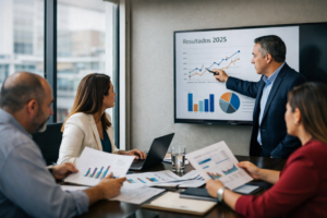 Ejecutivos revisando resultados y estrategia empresarial en reunión de planificación estratégica