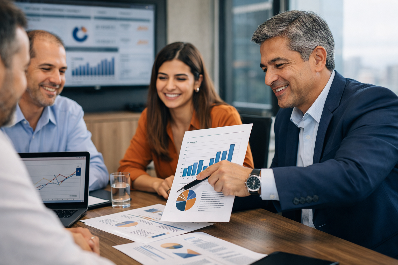 Equipo ejecutivo revisando resultados del primer trimestre en una reunión estratégica con gráficos de desempeño y análisis financiero.