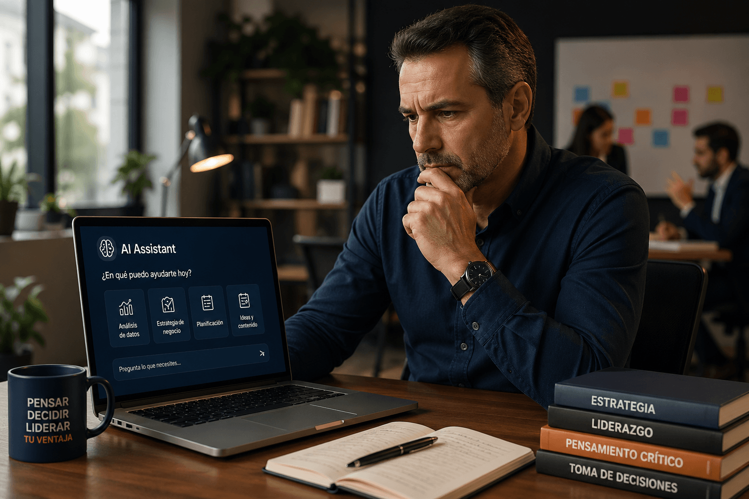 Empresario reflexiona frente a una laptop con inteligencia artificial en una oficina moderna, evaluando decisiones estratégicas y liderazgo empresarial.
